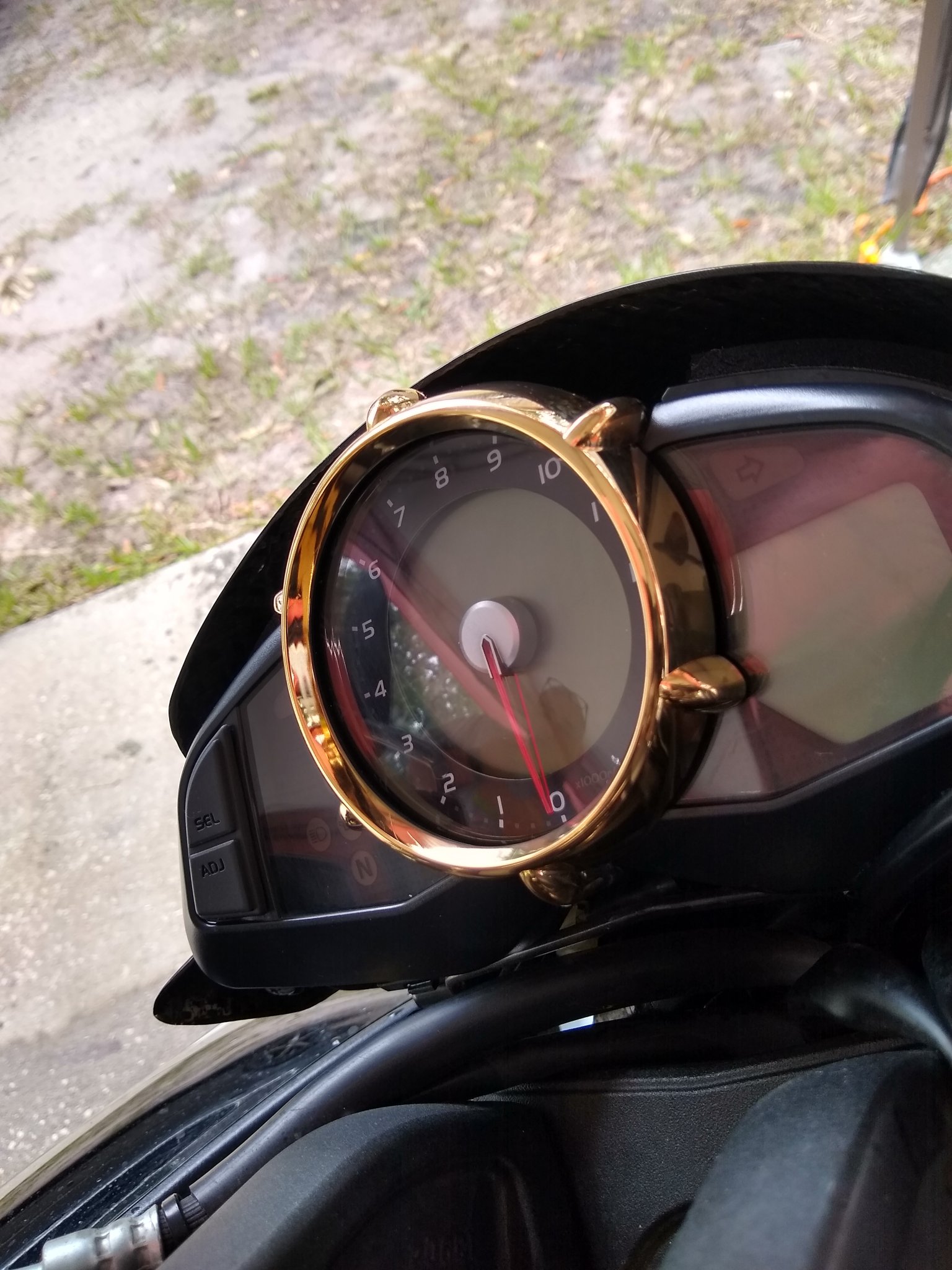 ChromeKarats gold plating work — Gold Motorcycle Tach Bezel — Installed